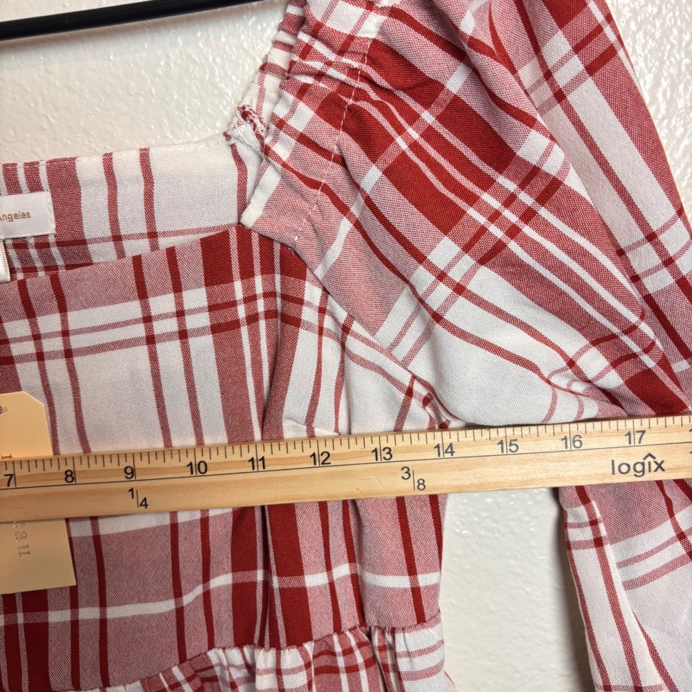New Monteau Los Angeles S Red Plaid Babydoll Mini Dress Puff Sleeve Cottagecore - Picture 8 of 12